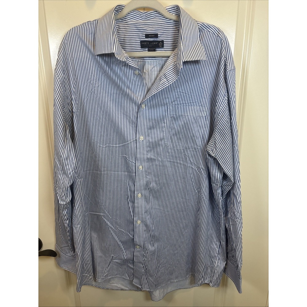 Pronto Uomo Men's Shirt Size 18 36/37 Tall Egyptian Cotton Non-Iron Blue Stripe